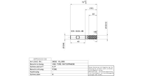 Ratio frézy RF 100 SF / Ø 10,000 mm / h10 / Pod. normy / VHM / FIRE